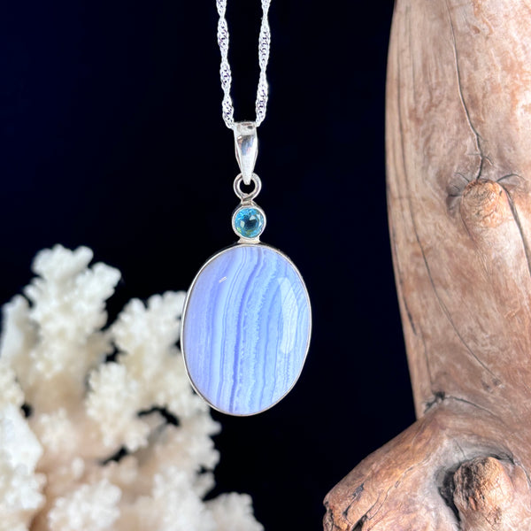 Pendentif Argent 925 Avec Agate Dentelle Bleue - Naturelle - Forme Larme - E-12
