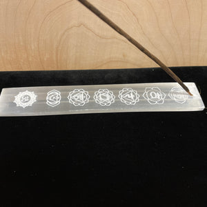 Engraved selenite incense holder